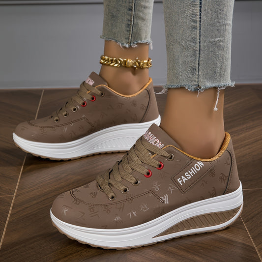 Womens trendy wedge sneakers with comfortable lace-up design for increased height. Perfect for outdoor walking.