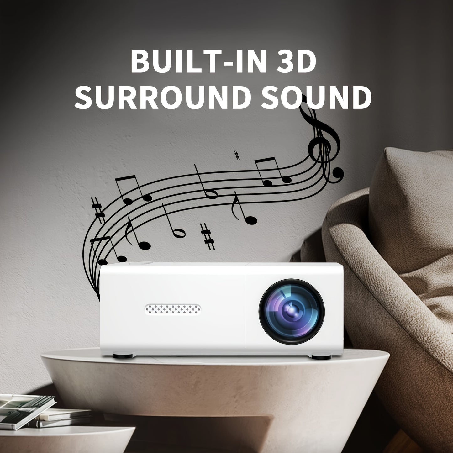 Compact ZRZTM Micro Projector with fast focus, 1080P compatibility, 320P native resolution, 30000 hours lifespan. Portable and ideal for home bedroom use, compatible with TV sticks