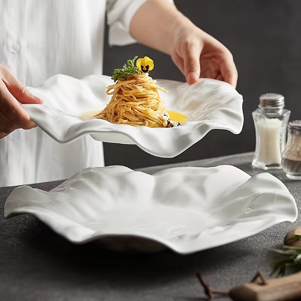 Single white ceramic dish, versatile for afternoon tea, pasta, molecular cuisine, diet meals, desserts, salads, and fruits. Ideal for home or restaurant parties.