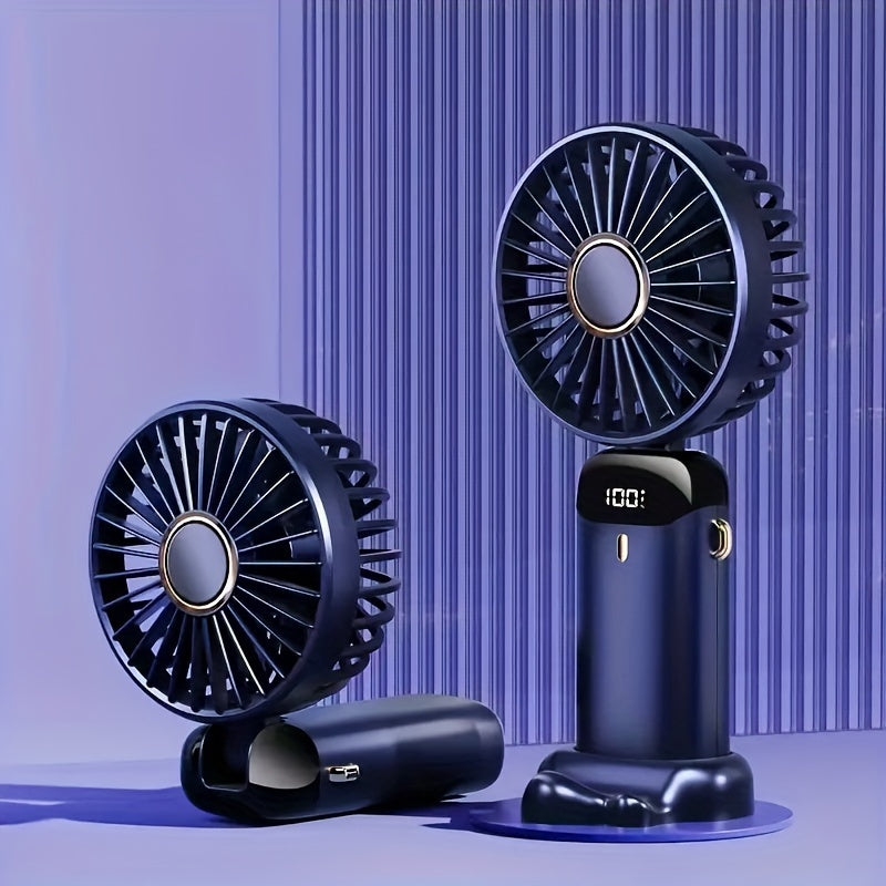 Cop Rose's Portable Mini Fan features 5-Speed Settings and an LED Display. It is USB Rechargeable with Touch Control and a Foldable Design, perfect for both indoor and outdoor use.