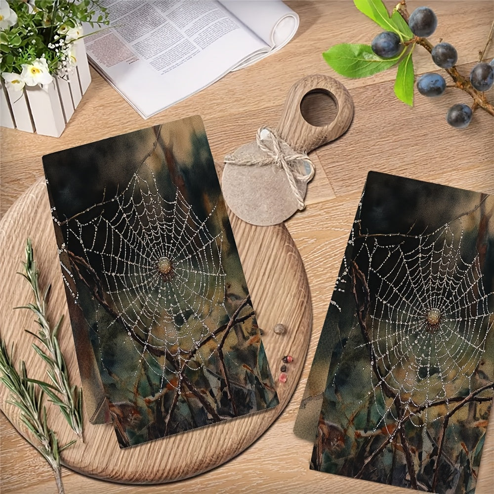 Set of 2 Ultra Plush Kitchen Towels - Beautiful Spider Web Design with Dewy Detail, Super Absorbent & Easy to Clean, Modern Style Polyester Hand Towels, 40.64x60.96 cm Perfect for Holiday Decor, Must-Have Kitchen Essentials | Stylish Kitchenware |