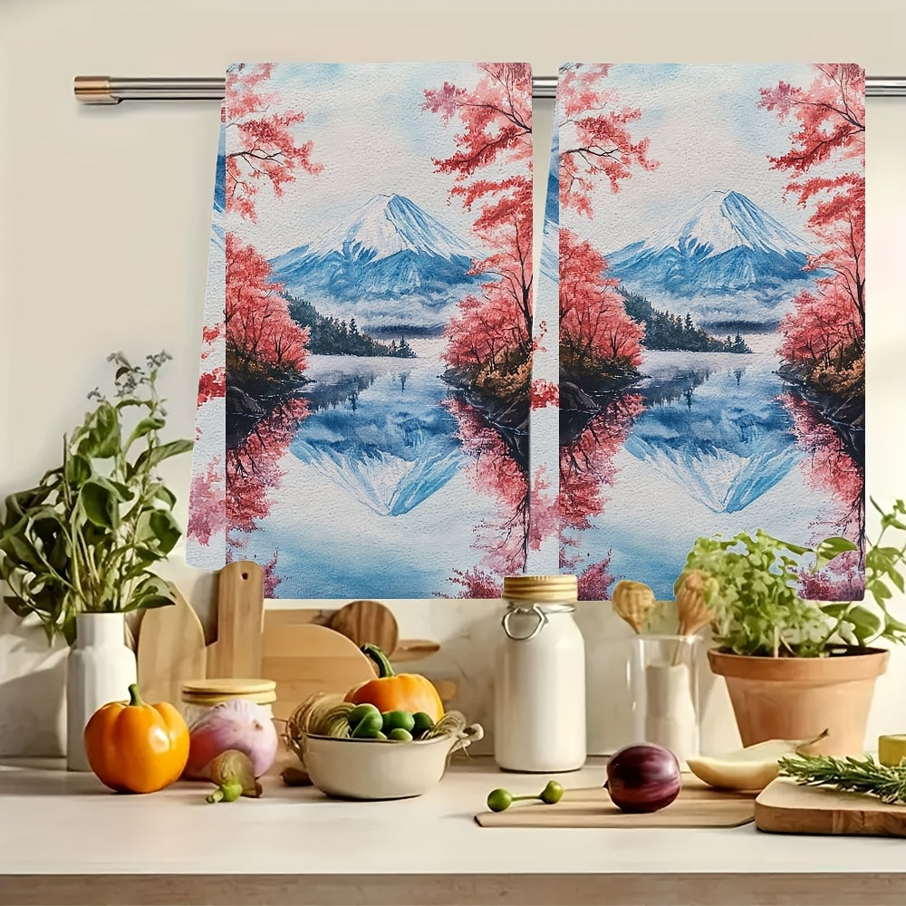 Set of 2 Ultra Plush Kitchen Towels featuring Mt. Hachiroku & Cherry Blossom Patterns, Super Absorbent Dish Towels, Easy to Clean, 40.64x60.96 cm - Perfect for Festive Home Decor