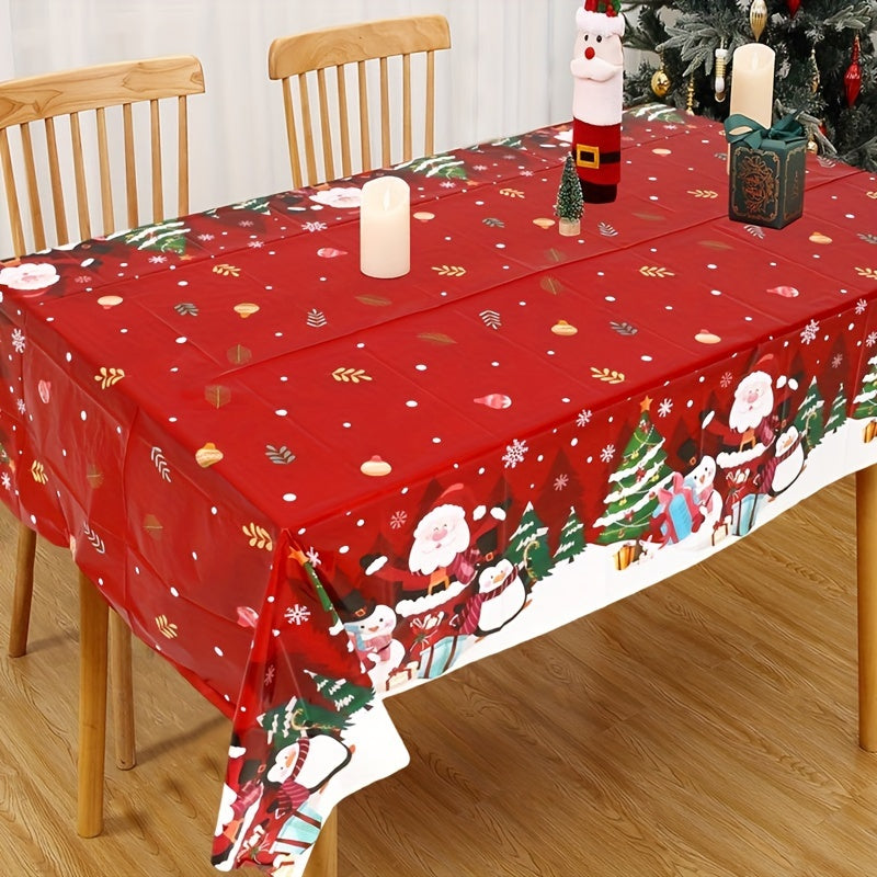 1 piece Christmas tablecloth featuring Santa, penguin, and snowflake design on red background. Made of smooth polyester, measuring 130x220cm. Ideal for parties, gifts, and home decor.