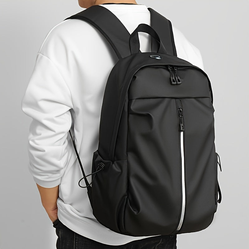 Men's light gray backpack made of stylish polyester with zippered compartments, adjustable straps for school and outdoor travel.