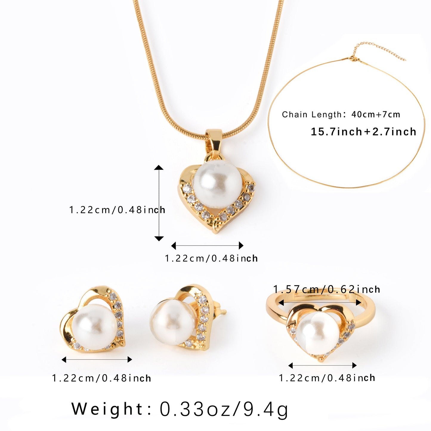 Set of four elegant jewelry pieces made of titanium and 18k gold plated, including earrings, necklace, and ring. Features a cute heart design with inlaid milky stone and shining zirconia stones.