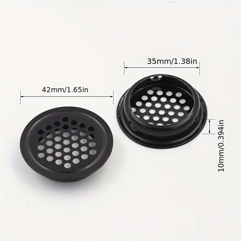 A set of 5 stainless steel circular shoe cabinet vents with flat breathable holes, designed for ventilation and heat dissipation. These golden home accessories also include covers for the ventilation holes.