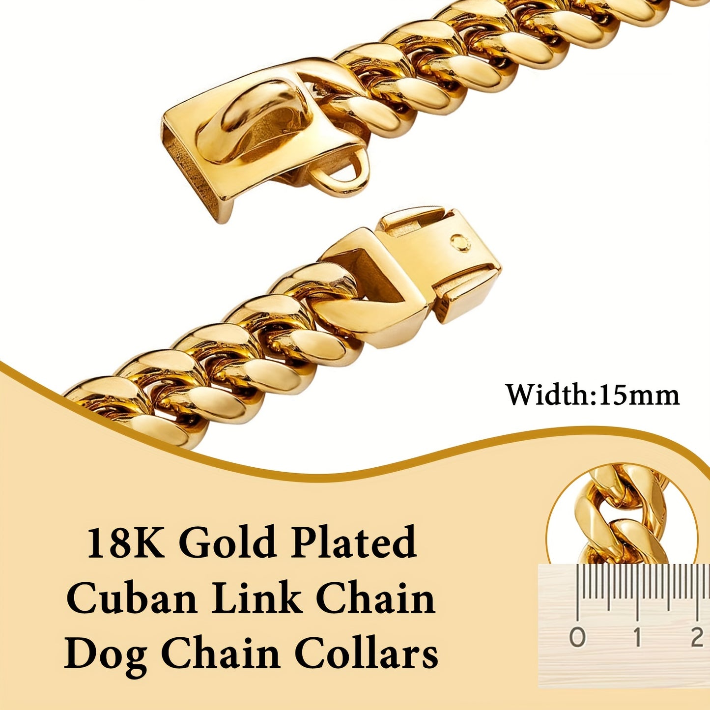 Stainless steel dog collar with gold chain and buckle, waterproof and anti-chew.