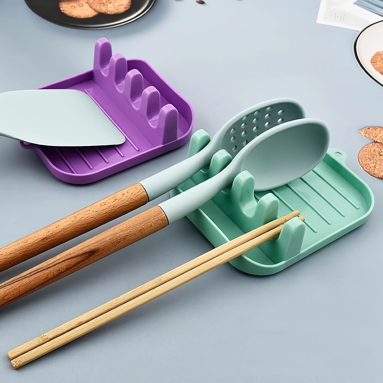 Organize your kitchen with the Space-Saving Kitchen Organizer Set: Includes a Drip-Free Pot Lid Holder and Spoon Rest, along with an Easy-to-Clean Cooking Utensil Rack for your Countertop.