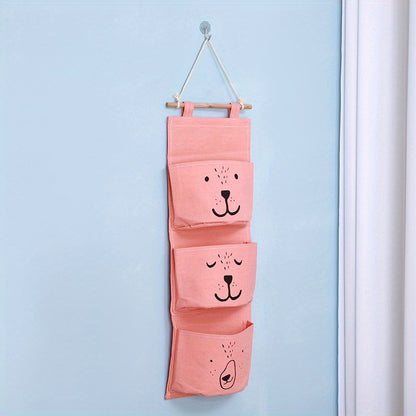 1pc Cute Cartoon Animal Face Hanging Storage Bag in Gray & Peach - Multi-Pocket Wall-Mounted Organizer for Bedroom & Bathroom - Durable Plastic Storage Solution