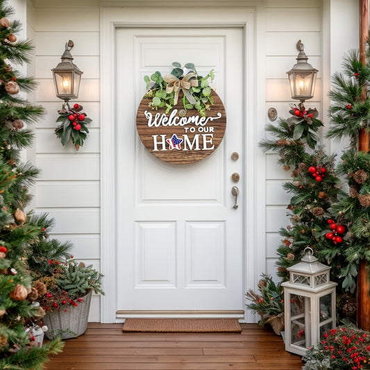 Round wooden door hanger with garland, featuring a rustic welcome sign. Ideal for farmhouse and porch decor, suitable for all seasons from Halloween to Christmas.