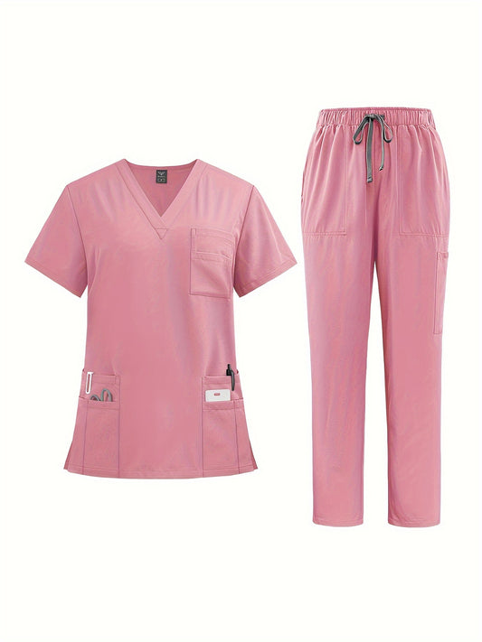 Premium polyester spandex scrubs set with V-neck shirt and straight-leg pants for nurses and surgeons.