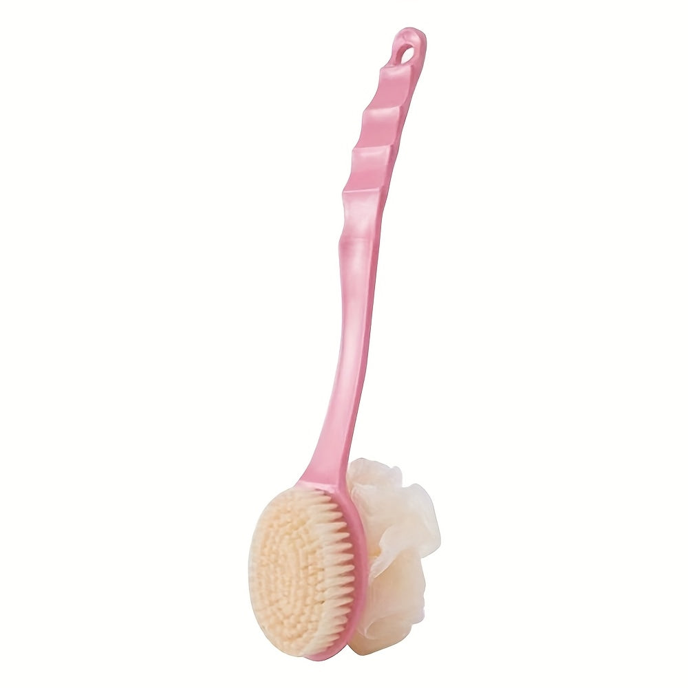 Dual-headed bath brush with soft loofah for back scrubbing, oil-free and battery-free.