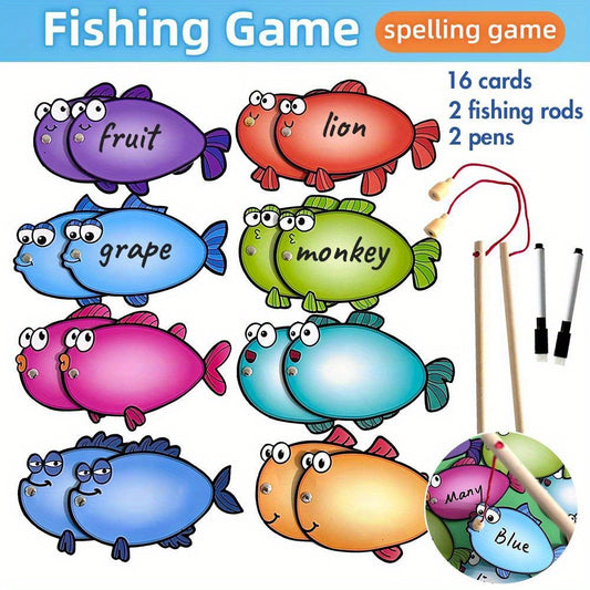 Kids Fishing game spelling toy teaching words with magnetic fish for educational purposes.