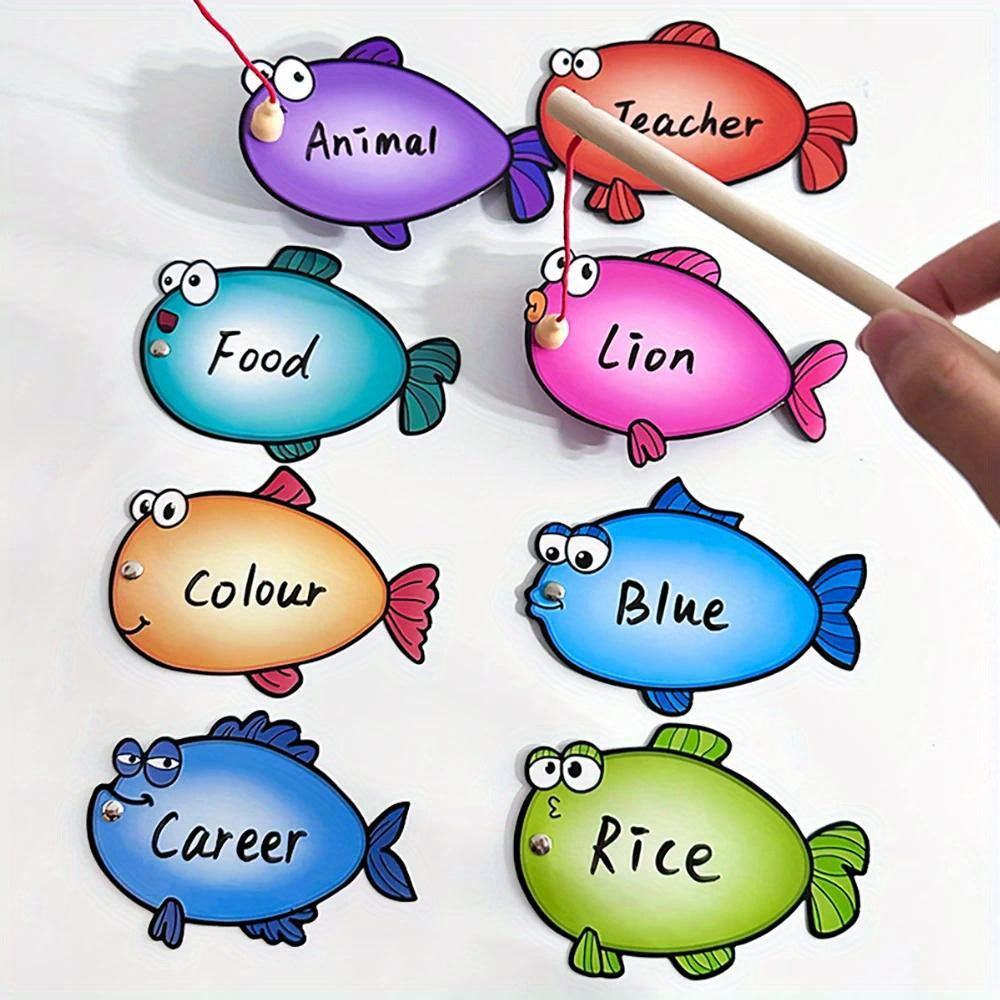 Kids Fishing game spelling toy teaching words with magnetic fish for educational purposes.