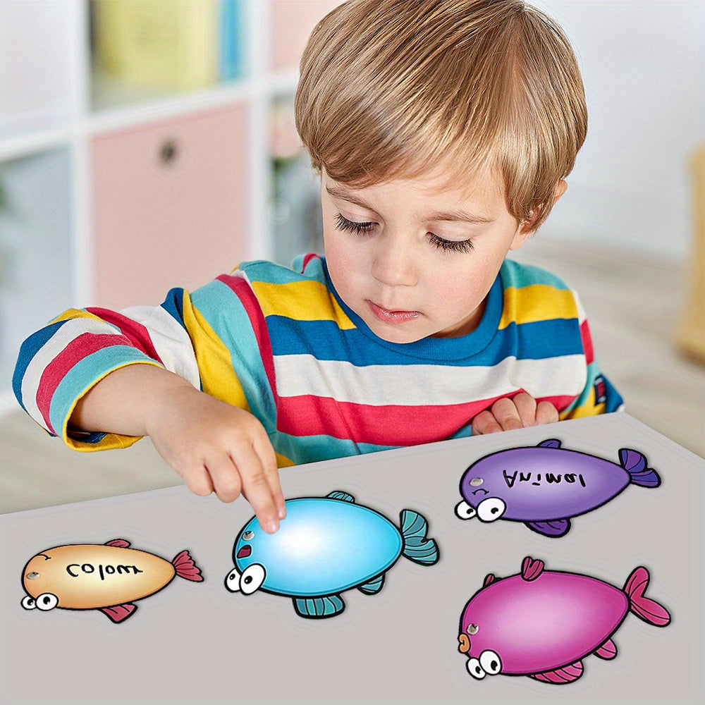 Kids Fishing game spelling toy teaching words with magnetic fish for educational purposes.