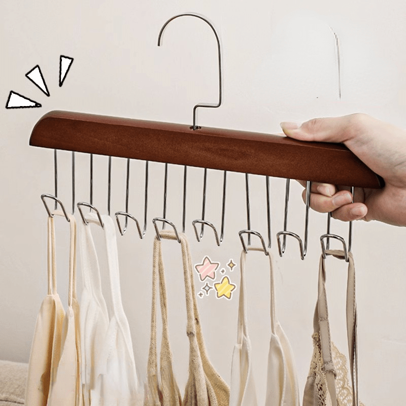 One versatile wooden clothes hanger with hooks for drying and organizing underwear and vests. Perfect for saving space with a vertical storage rack, ideal for home and dorms. Great for hanging clothes.