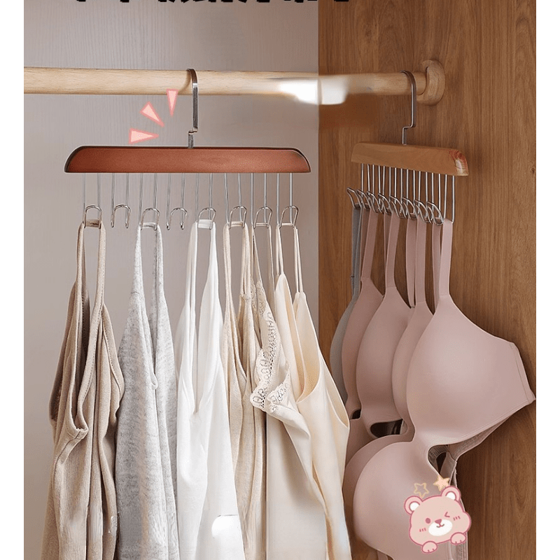 One versatile wooden clothes hanger with hooks for drying and organizing underwear and vests. Perfect for saving space with a vertical storage rack, ideal for home and dorms. Great for hanging clothes.