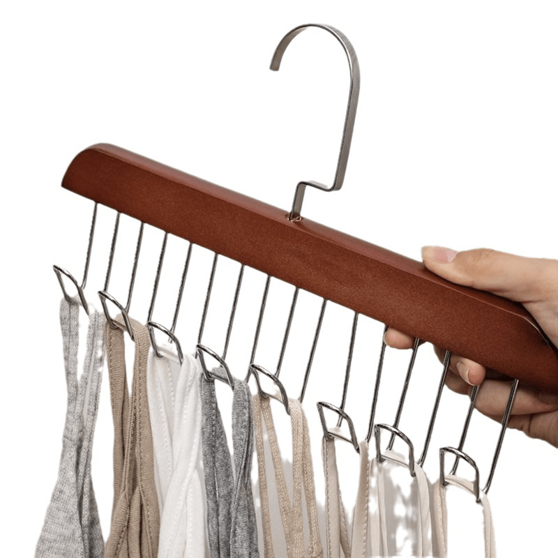 One versatile wooden clothes hanger with hooks for drying and organizing underwear and vests. Perfect for saving space with a vertical storage rack, ideal for home and dorms. Great for hanging clothes.