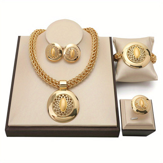 Traditional Bridal Jewelry Set includes a pair of earrings, a necklace, a bracelet, and a ring, all plated in 18k gold. Perfect for engagements or weddings.