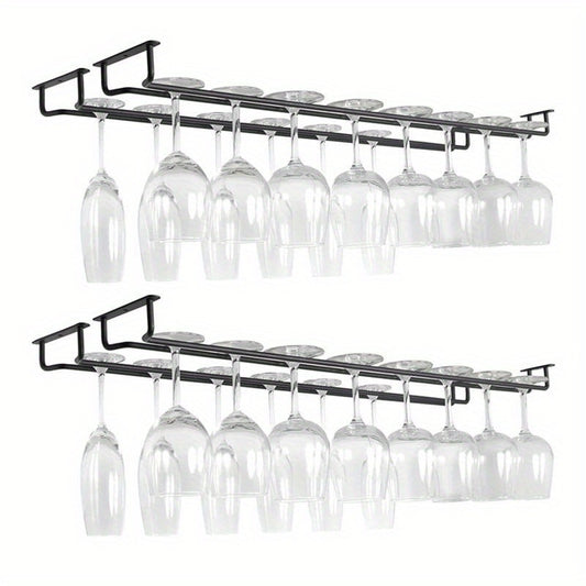 Compact iron wine glass rack for under cabinet storage in kitchen and bar, easy to install and durable, in black color.