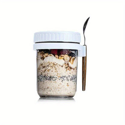 1 or 2 glass containers with lids and spoons for overnight oats, oatmeal, or food storage, a practical kitchen gadget.