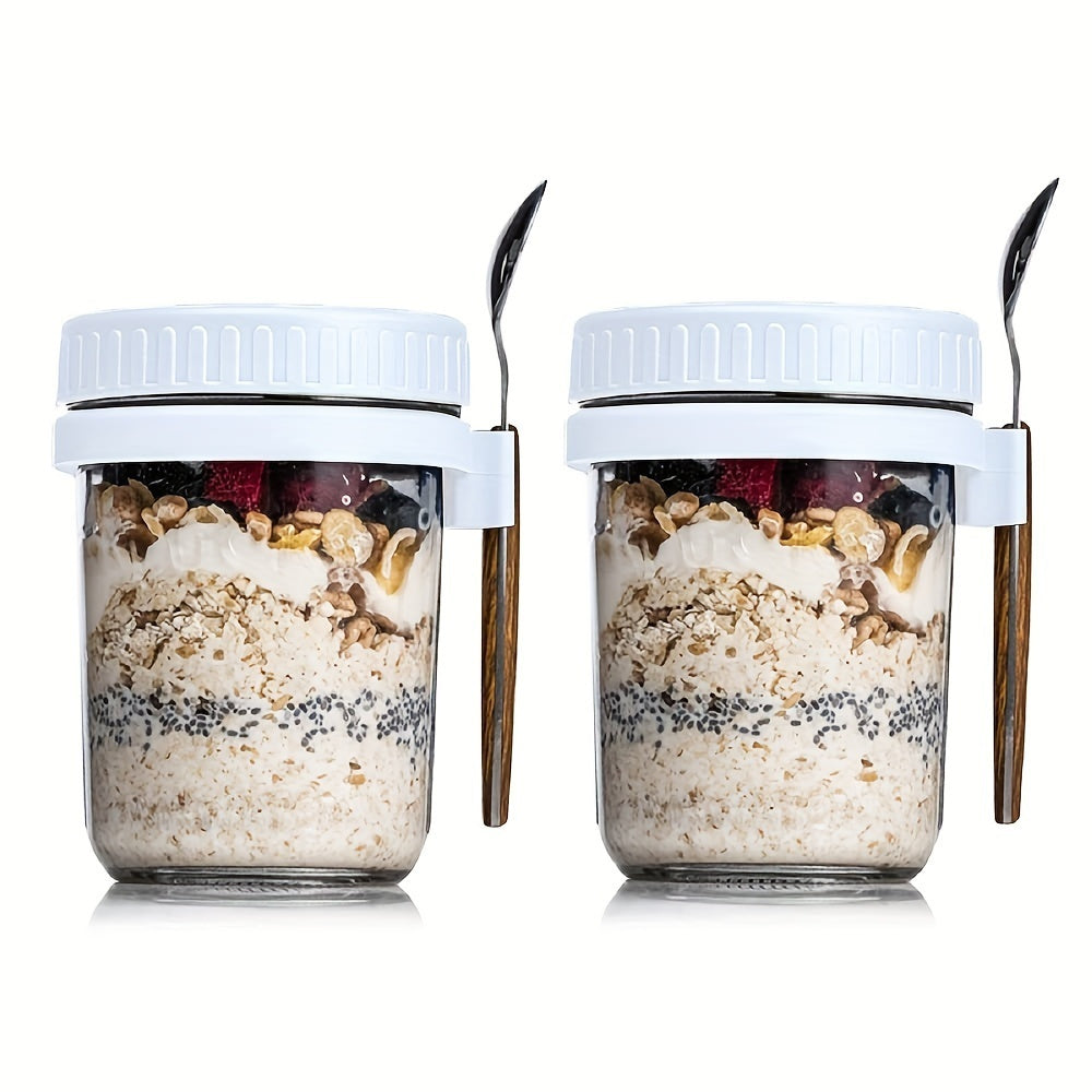 1 or 2 glass containers with lids and spoons for overnight oats, oatmeal, or food storage, a practical kitchen gadget.