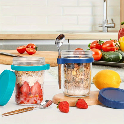 1 or 2 glass containers with lids and spoons for overnight oats, oatmeal, or food storage, a practical kitchen gadget.