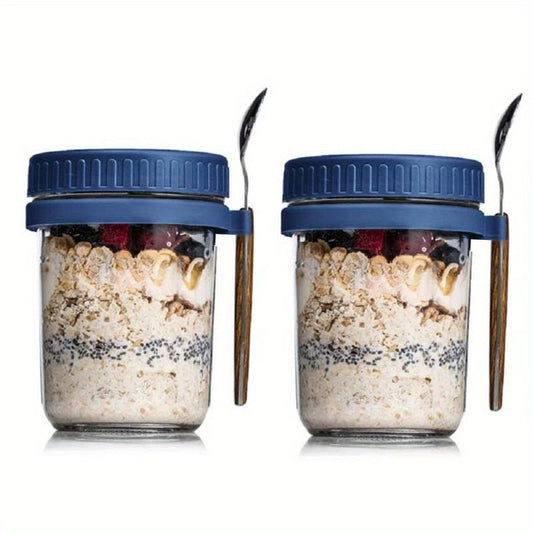 1 or 2 glass containers with lids and spoons for overnight oats, oatmeal, or food storage, a practical kitchen gadget.