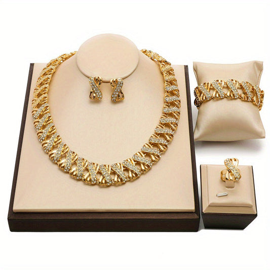 Stylish Zinc Alloy Jewelry Set for Women - Includes Necklace, Bracelet, Earrings & Ring | Ideal for Everyday Wear & Valentine's Day Gift