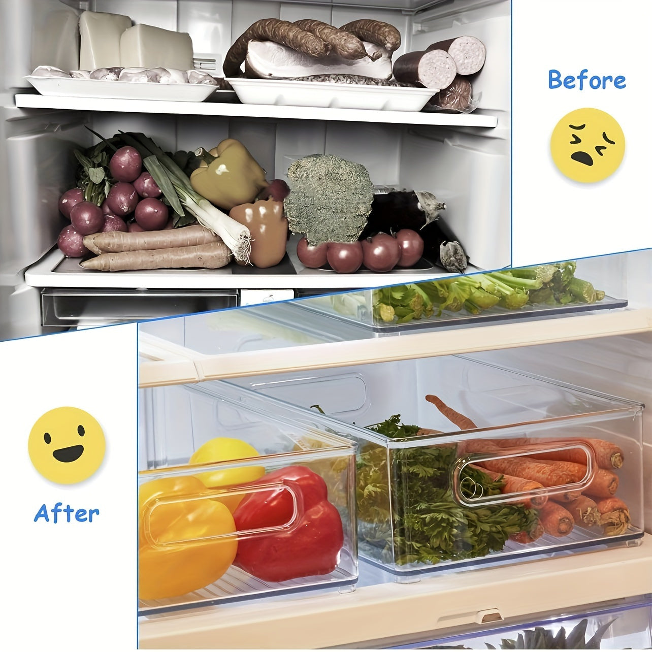 Refrigerator Storage Bins in Sets of 2, 4, or 6 - Stackable Space-Saving Organizer Bins with Handles and Transparent Design for Kitchen, Freezer, Pantry, Cabinets, Drawers, and Shelves - Fruit Container and Kitchen Supplies Organizer