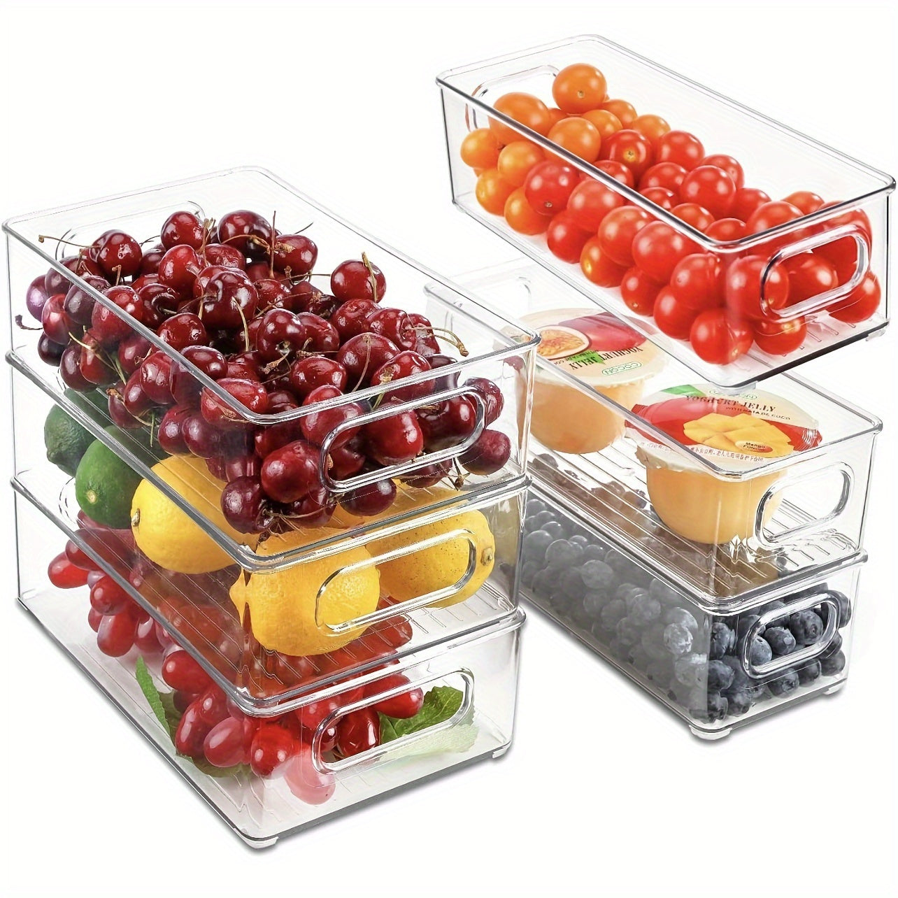 Refrigerator Storage Bins in Sets of 2, 4, or 6 - Stackable Space-Saving Organizer Bins with Handles and Transparent Design for Kitchen, Freezer, Pantry, Cabinets, Drawers, and Shelves - Fruit Container and Kitchen Supplies Organizer