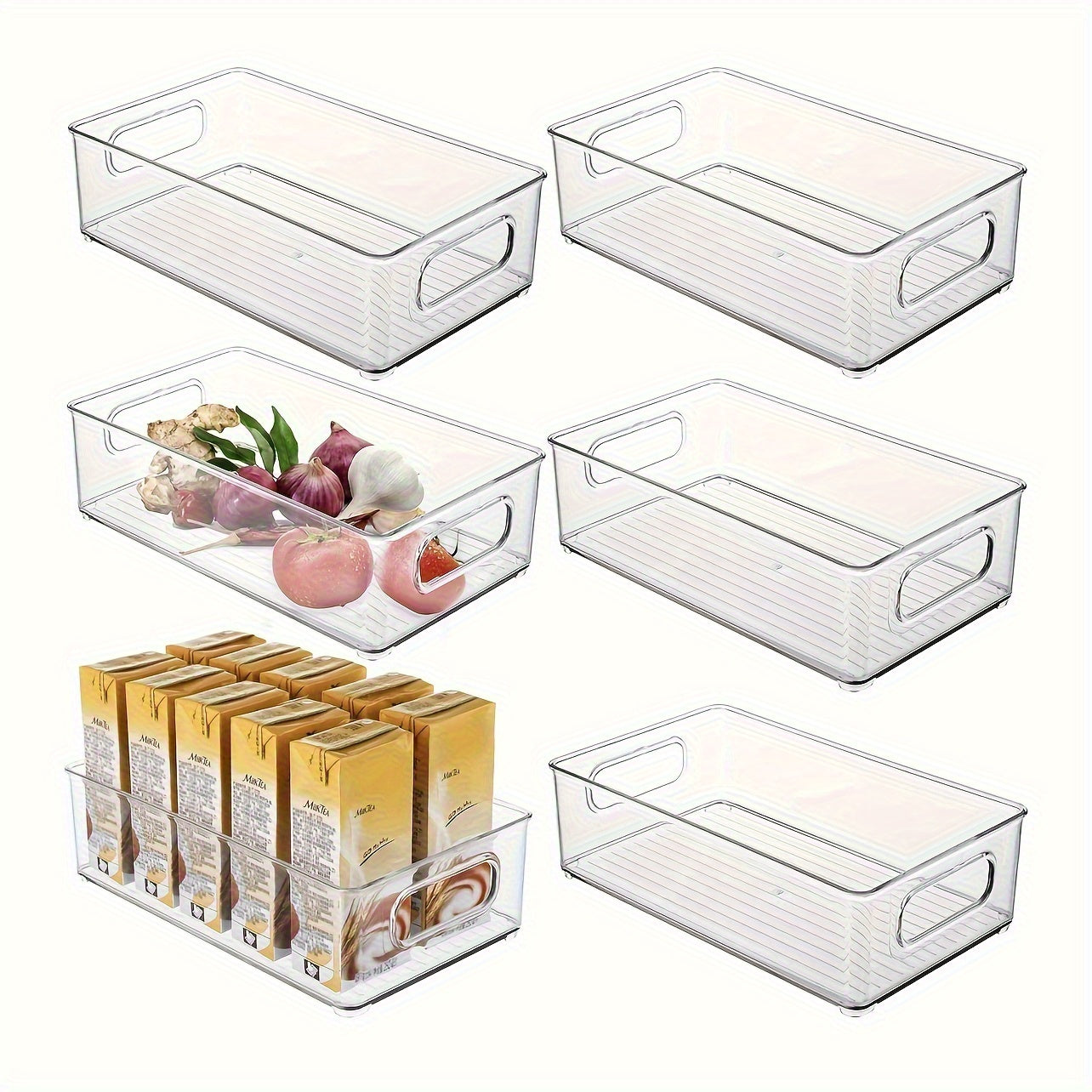 Refrigerator Storage Bins in Sets of 2, 4, or 6 - Stackable Space-Saving Organizer Bins with Handles and Transparent Design for Kitchen, Freezer, Pantry, Cabinets, Drawers, and Shelves - Fruit Container and Kitchen Supplies Organizer