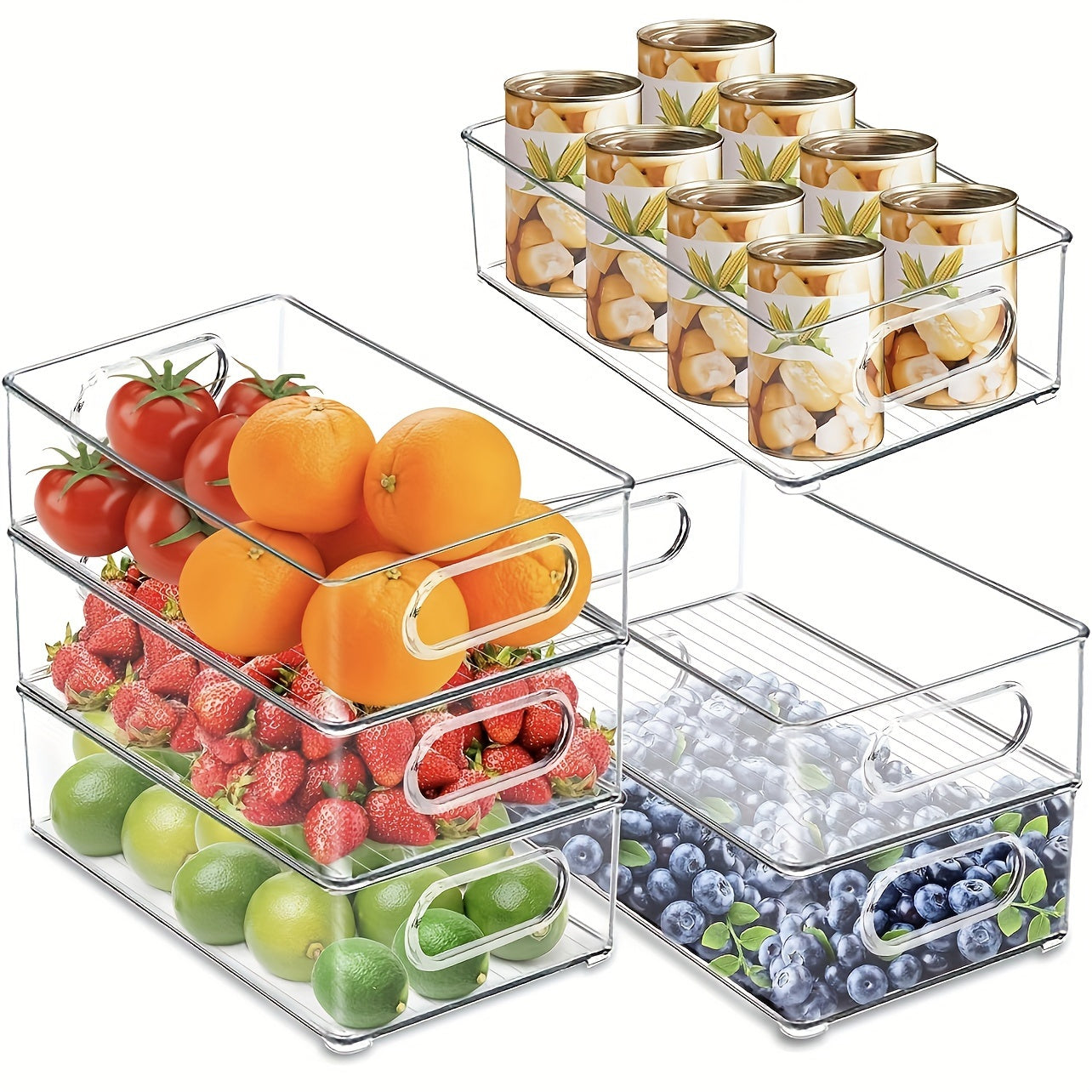 Refrigerator Storage Bins in Sets of 2, 4, or 6 - Stackable Space-Saving Organizer Bins with Handles and Transparent Design for Kitchen, Freezer, Pantry, Cabinets, Drawers, and Shelves - Fruit Container and Kitchen Supplies Organizer