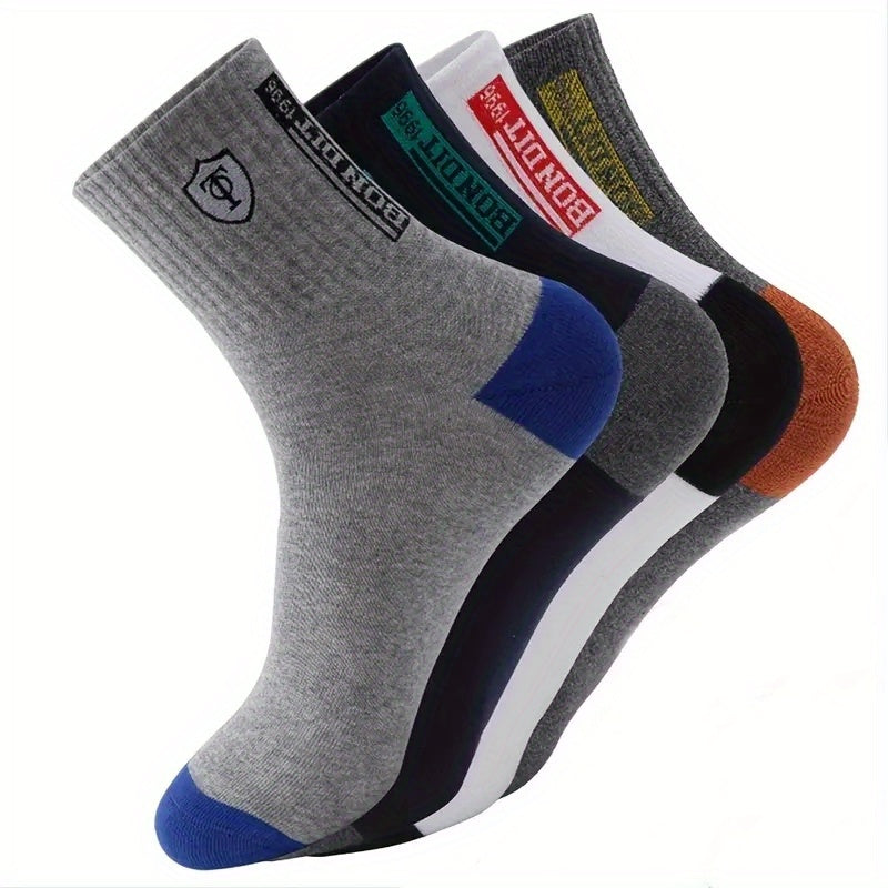 5 pairs of men's athletic crew socks with moisture-wicking knit fabric, solid color, 75% polyester, 25% spandex, embroidered badge, hand wash only, sweat-resistant.