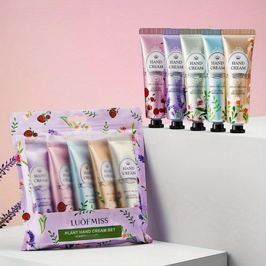 5pc LuofMiss Hand Cream Set in Purple Packaging, Floral Scents, Moisturizing, Alcohol-Free with Glycerin