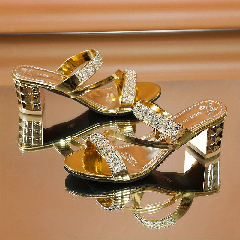 Women's rhinestone sandals with block heel and glitter slides