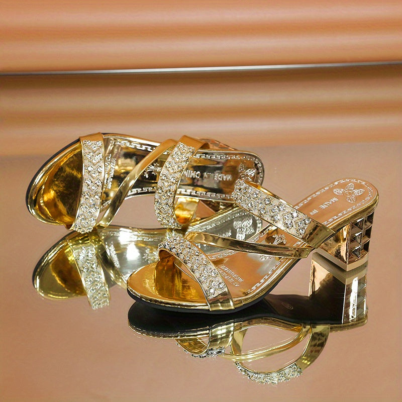 Women's rhinestone sandals with block heel and glitter slides