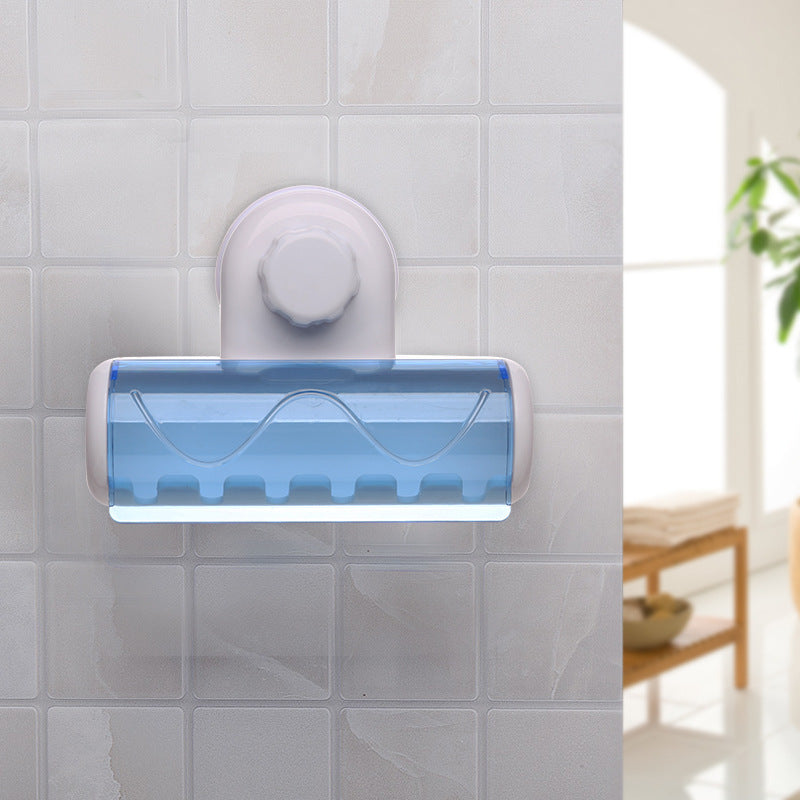 Toothbrush holder with suction cup for wall-mounted storage, with cover and organizer.