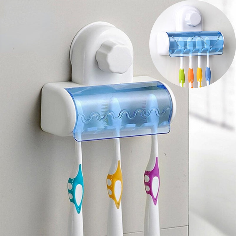 Toothbrush holder with suction cup for wall-mounted storage, with cover and organizer.