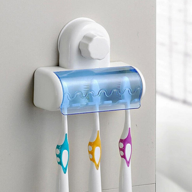 Toothbrush holder with suction cup for wall-mounted storage, with cover and organizer.