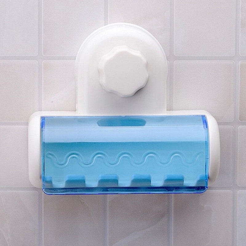 Toothbrush holder with suction cup for wall-mounted storage, with cover and organizer.