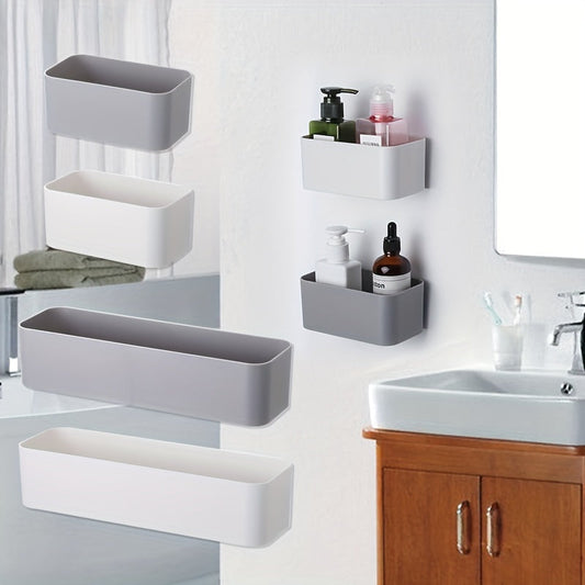 One piece of wall-mounted simple storage box, can be attached without punching or adhesive, leaves no trace, perfect for organizing bathroom toiletries or holding living room remote and sundries. Available in gray or white color.