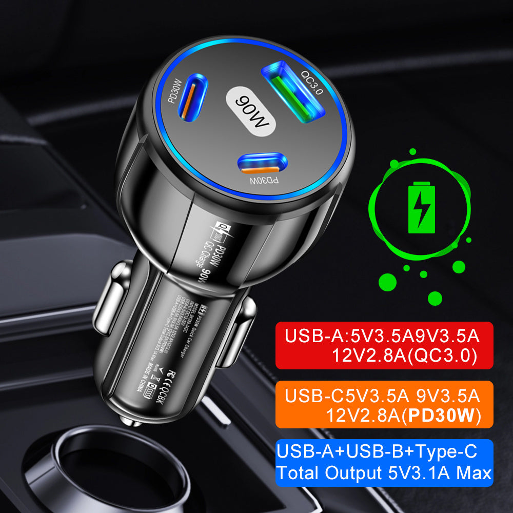 90W car charger with USB Type C PD and Quick Charger 3.0 for fast charging.