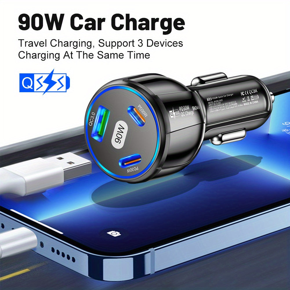 90W car charger with USB Type C PD and Quick Charger 3.0 for fast charging.