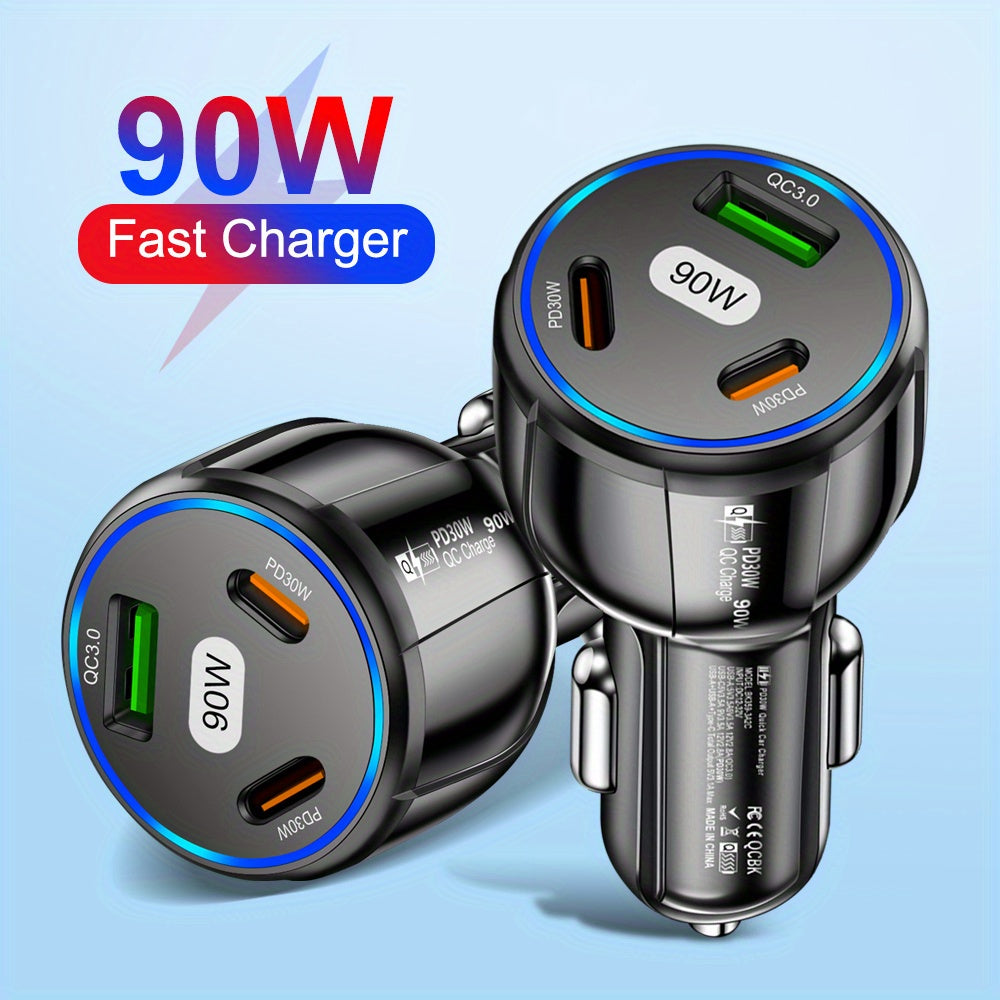 90W car charger with USB Type C PD and Quick Charger 3.0 for fast charging.