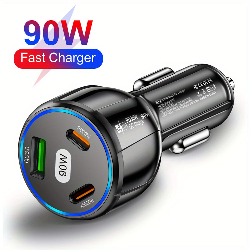 90W car charger with USB Type C PD and Quick Charger 3.0 for fast charging.