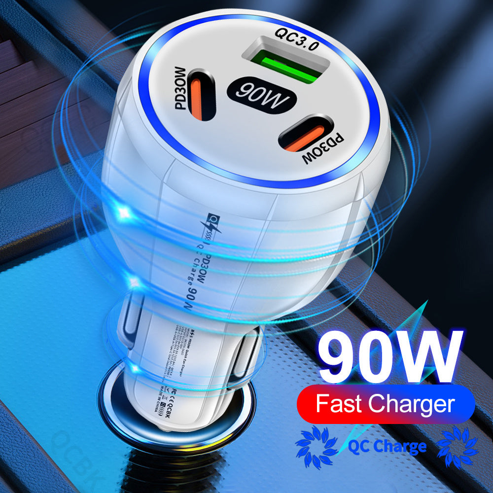 90W car charger with USB Type C PD and Quick Charger 3.0 for fast charging.