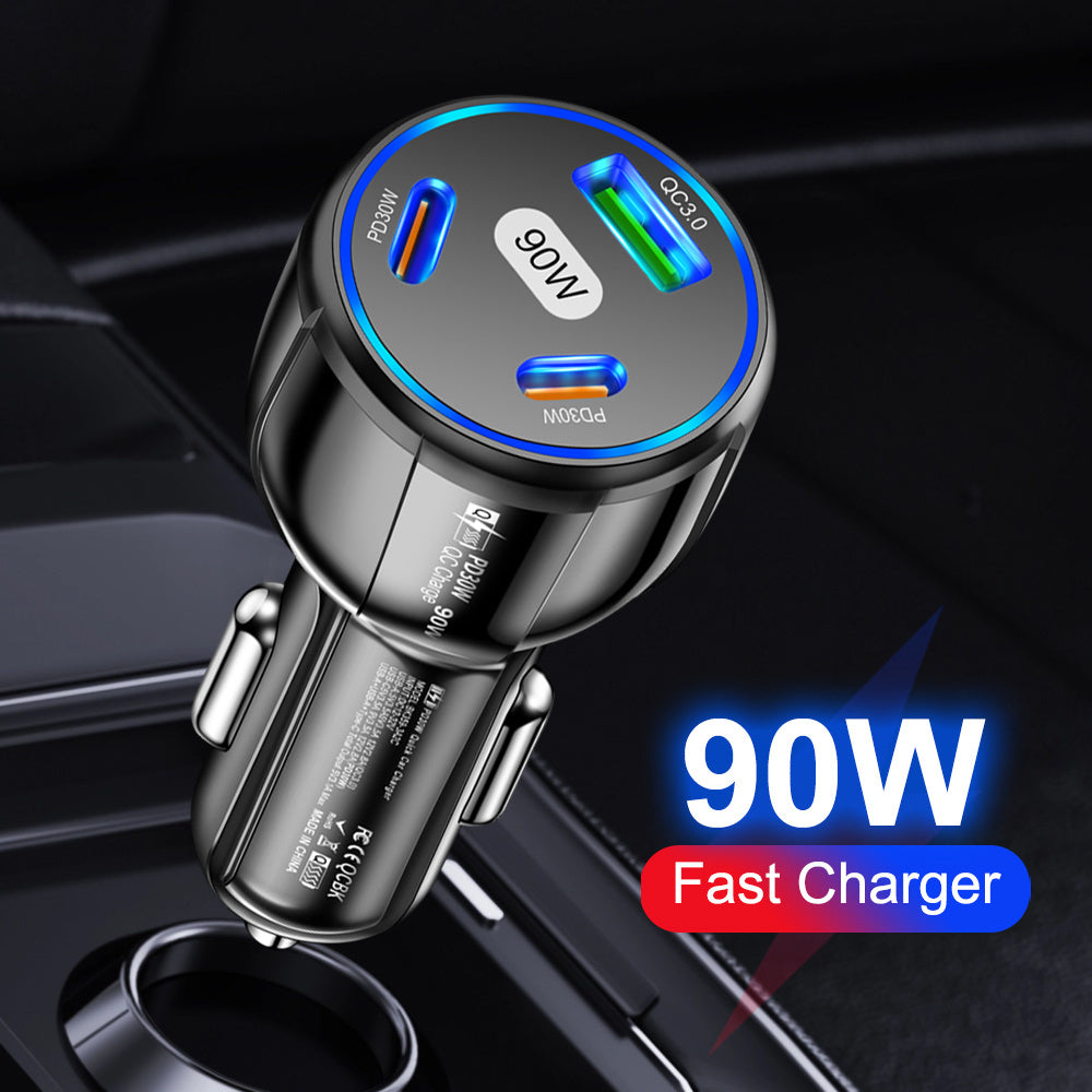 90W car charger with USB Type C PD and Quick Charger 3.0 for fast charging.