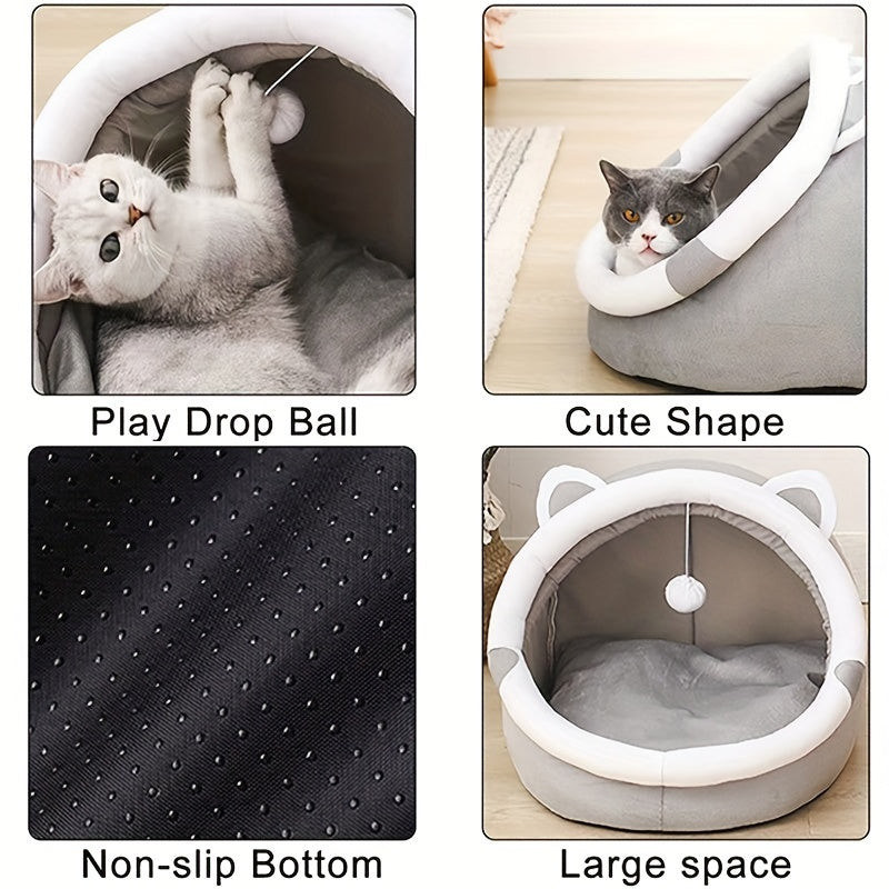 Cozy Cartoon Cat Cave Bed keeps your kitten warm and snug.