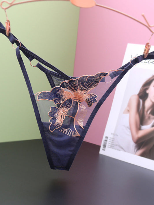 Sexy lingerie and underwear for women, including floral embroidered thongs and seamless mesh panties.